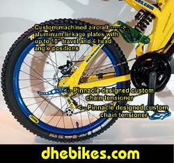 Click on the image for a larger photo showing the Bafang 750 Watt 51 Volt electric pedal assist motor system, custom chain tensioner system and custom made rear suspension on this custom electric pedal assist downhill mountain bike
