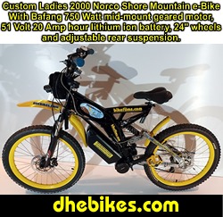 Custom made to order Womens electric downhill mountain bike by Pinnacle Innovations side view showing the Hope 2 piston downhill brakes, 24 inch wheelset and the Bafang 750 Watt mid mount electric motor kit with 20 Amp hour lithium ion 51 Volt battery.
