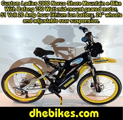 Custom made to order Womens electric downhill mountain bike by Pinnacle Innovations side view showing the Hope 2 piston downhill brakes, 24 inch wheelset and the Bafang 750 Watt mid mount electric motor kit and display with 20 Amp hour lithium ion 51 Volt battery.
