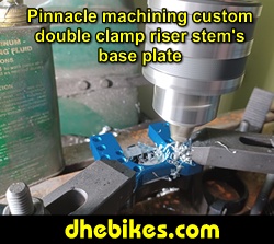 Pinnacle Innovations picture showing machining the base plate for the custom made dual clamp high rise shorty stem made from 6061 aircraft aluminum for a Norco custom electric downhill bike.
