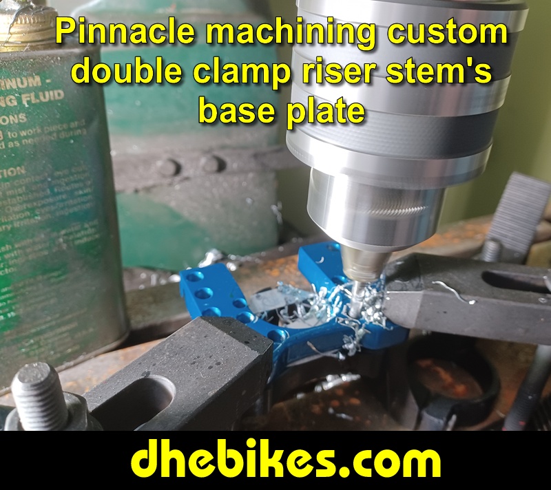 Pinnacle Innovations picture showing machining the base plate for the custom made dual clamp high rise shorty stem made from 6061 aircraft aluminum for a Norco custom electric downhill bike.
