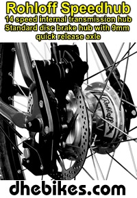 The Rohloff 14 speed internal gear hub mounted on a rear mountain bike wheel