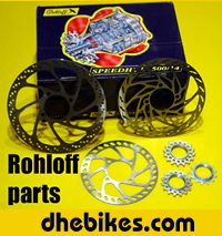 Rohloff Speedhub disc brake rotors use 4 bolts and are available for Hayes, Shimano, Hope and others as well as different size chain cogs